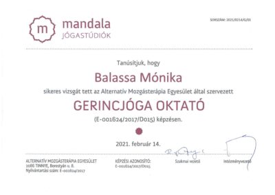 Manfala jógastudió oklevele Balassa Mónika részére Gerincjóga oktató